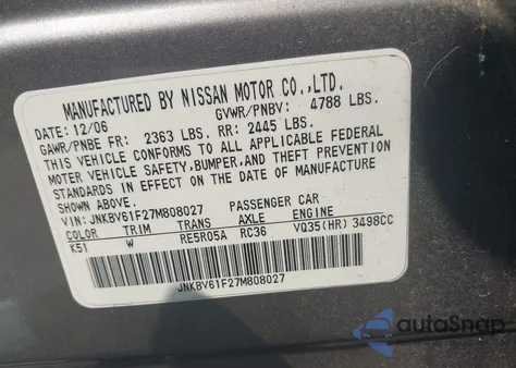 2007 Infiniti G35X из США, поврежденный, VIN JNKBV61F27M808027